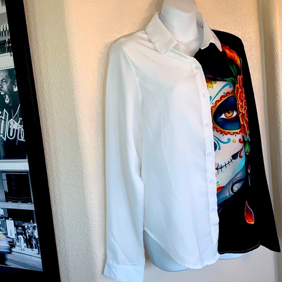 SUGAR SKULL Day of the Dead white buttondown blouse, iconic CATARINA face. M EUC - Picture 3 of 15